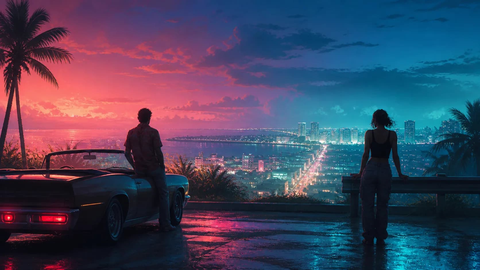 Original illustration of two anonymous partners overlooking a tropical city